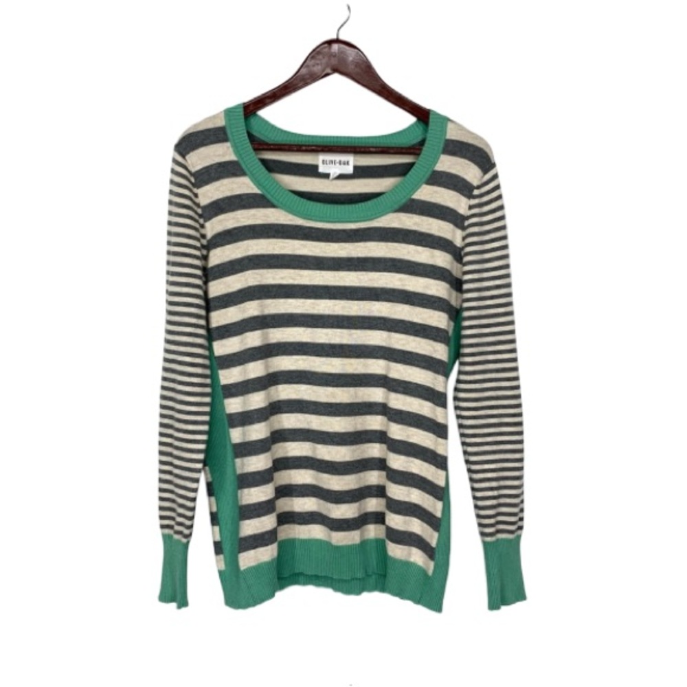 Olive & Oak Wide Striped Soft Preppy Fitted Scoop Neck Sweater Gray Cream Green